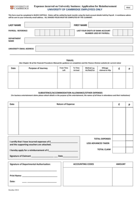 University of Cambridge Expense Reimbursement Form