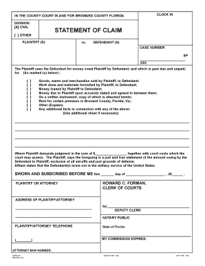 Florida Civil Statement of Claim Form