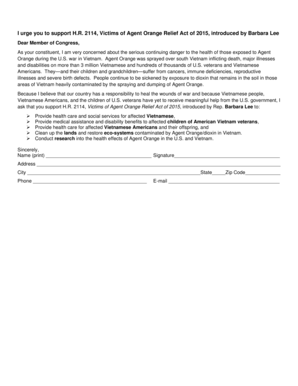 Agent Orange Relief Act Support Letter