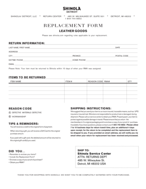 Shinola Leather Goods Replacement Form