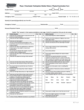 Player Cheerleader Participation Medical History Form