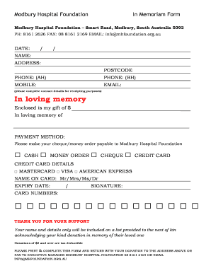 Modbury Hospital Foundation In Memoriam Form