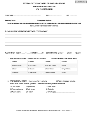 Neurology Associates Health History Form
