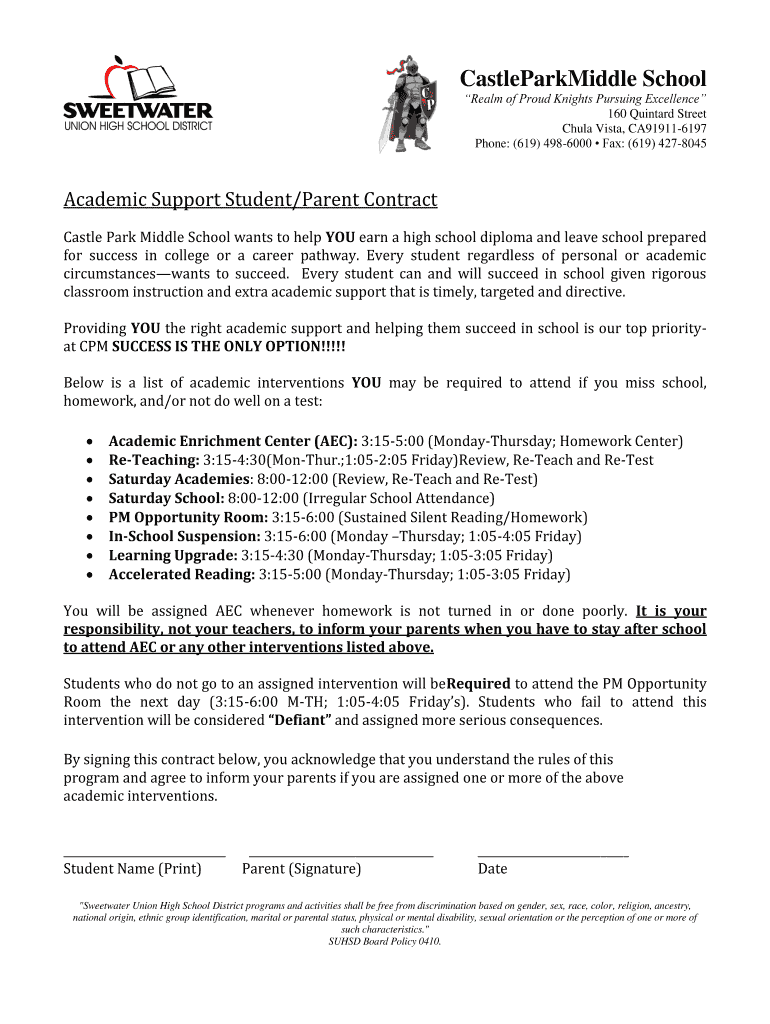 Fillable Online Academic Contract - Castle Park Middle School ...