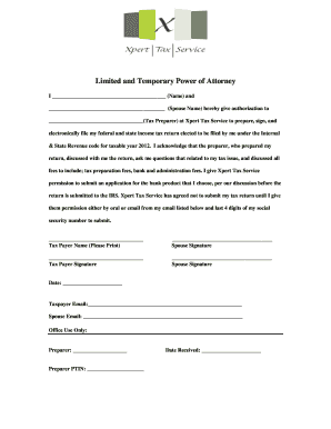 Limited and Temporary Power of Attorney for Tax Preparation