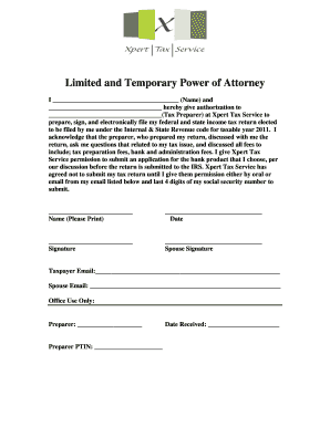 Limited and Temporary Power of Attorney for Tax Preparation