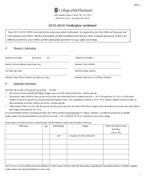 2015-2016 FAFSA Verification Worksheet