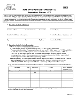 2015–2016 Verification Worksheet for Dependent Student