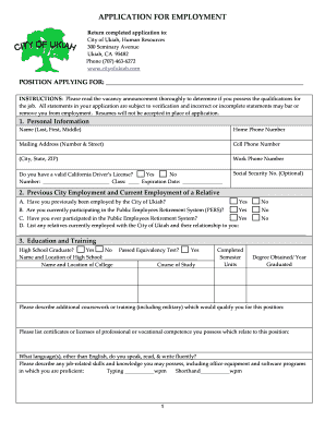 City of Ukiah Employment Application