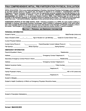 PIAA Comprehensive Initial Pre-Participation Physical Evaluation