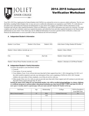 2014–2015 Independent Verification Worksheet