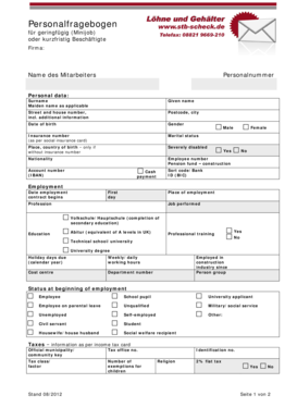 Personalfragebogen für geringfügig (Minijob) oder kurzfristig Beschäftigte