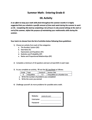 Summer Math Activity Log Sheet