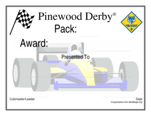 Pinewood Derby Award Certificate