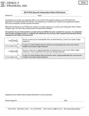 2015-2016 Special Independent Status Worksheet