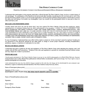 The Pines Catholic Camp Parental Consent and Release Agreement