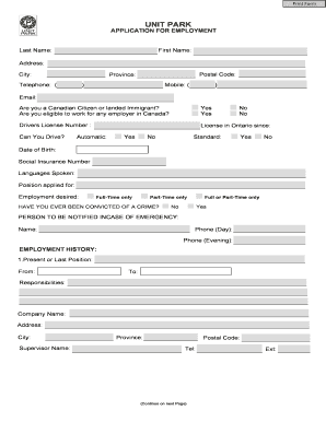Unit Park Employment Application
