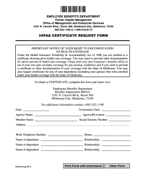 HIPAA Certificate Request Form