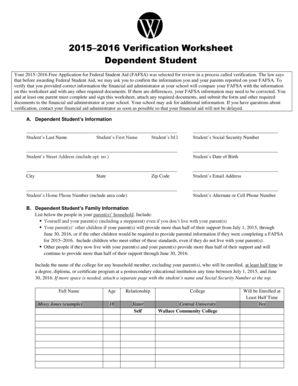 2015–2016 Verification Worksheet Dependent Student