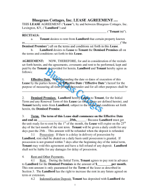 Bluegrass Cottages Lease Agreement