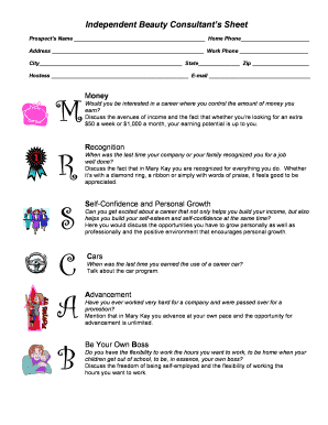 Independent Beauty Consultant Prospect Sheet