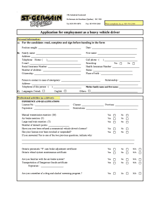 Application for Employment as a Heavy Vehicle Driver
