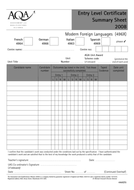 AQA Unit Award Summary Sheet