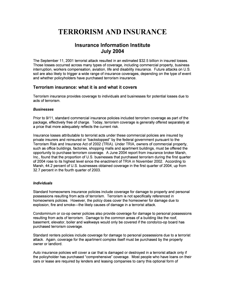Fillable Online TERRORISM AND INSURANCE Fax Email Print pdfFiller