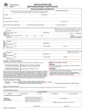 British Columbia Birth/Death Certificate Application