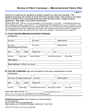 Notice of Rent Increase – Manufactured Home Site