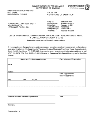 Pennsylvania Sales Tax Exemption Certificate