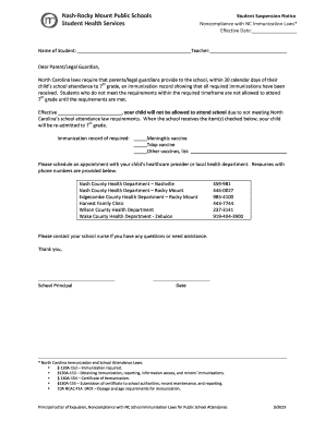 North Carolina Student Suspension Notice for Immunization Noncompliance