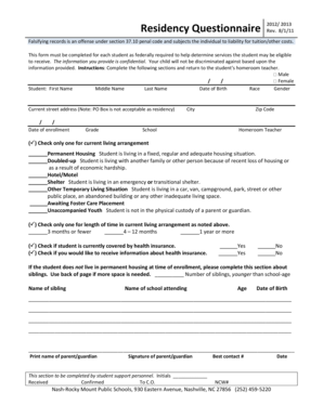 Residency Questionnaire Form