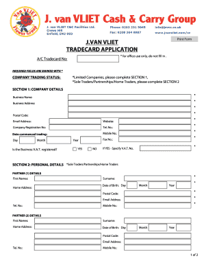 J. Van Vliet Tradecard Application