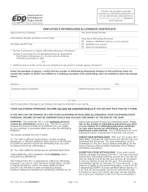 California DE 4 Employee Withholding Allowance Certificate