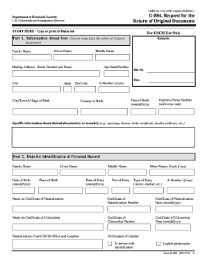 USCIS Form G-884 Request for Return of Original Documents