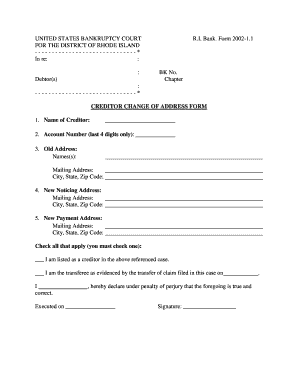US Bankruptcy Court Creditor Change of Address Form