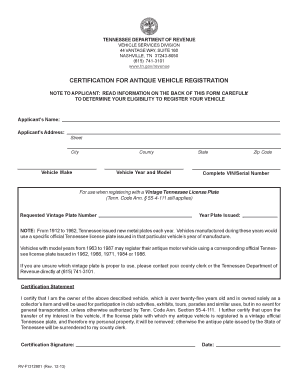 Tennessee Antique Vehicle Registration Certification