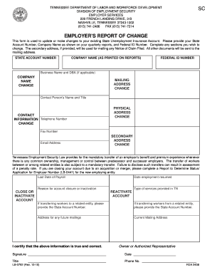 Tennessee Employer's Report of Change