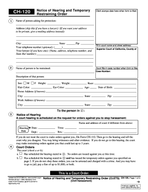 California Notice of Hearing and Temporary Restraining Order