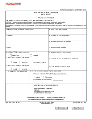 US Navy Electronic Funds Transfer Data Sheet