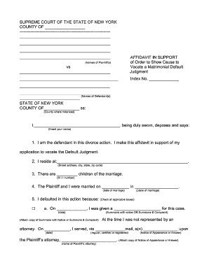 Affidavit in Support of Order to Show Cause to Vacate a Matrimonial Default Judgment