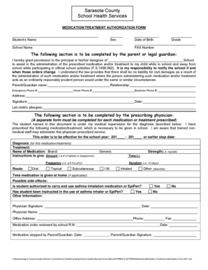 Sarasota County Medication Treatment Authorization Form