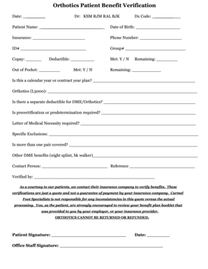 Orthotics Patient Benefit Verification Form