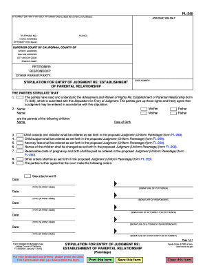 Stipulation for Entry of Judgment Re: Establishment of Parental Relationship