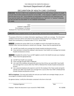 Vermont Health Care Coverage Declaration Form
