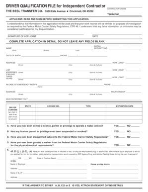 Driver Qualification File for Independent Contractor