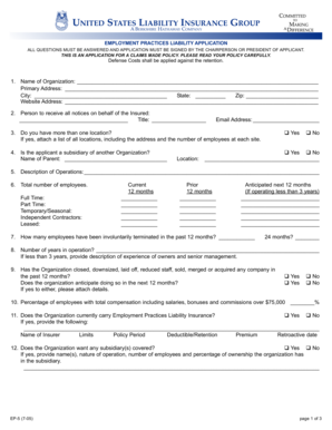 US Employment Practices Liability Application