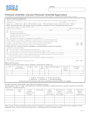 Personal Umbrella Excess Insurance Application