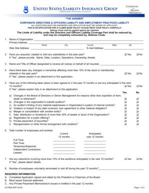 Corporate Directors and Officers Liability Insurance Application